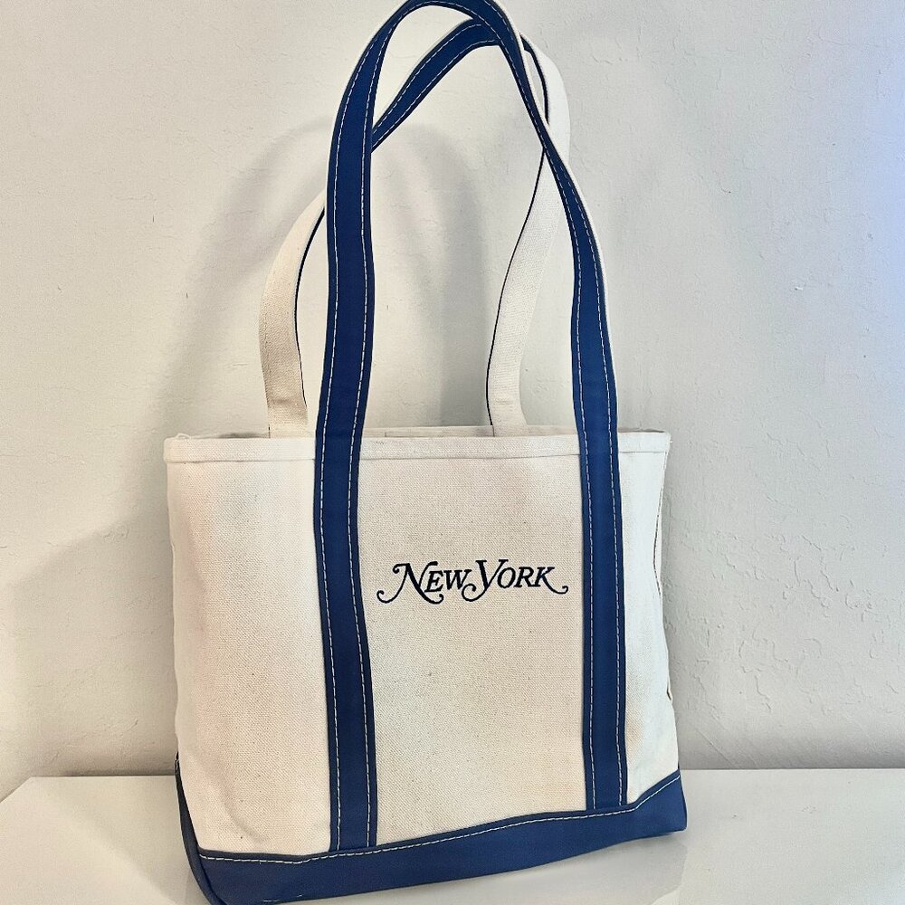 New York LL Bean Boat and Tote Bag Classic Style Navy and Cream Canvas
